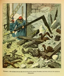 El ejército del Este: Enero de 1871, batalla de Villersexel, soldados franceses retiran de una casa los restos de soldados alemanes