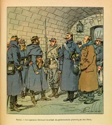 El Ejército del Este de Eugene Sergeant, conocido como Grenest, ilustrado por Louis Bombled (1862-1927): Salins, el Capitán Brichard recibiendo a un parlamentario prusiano en el Fuerte Belin en Salins les Bains, Colección Privada