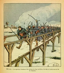 El Ejército del Este de Eugene Sergeant, conocido como Grenest, ilustrado por Louis Bombled (1862-1927): Enero de 1871, Hericourt, el Capitán Grosliers y los motivos del Puy de Dome cruzan el Doubs bajo fuego enemigo, Colección Privada