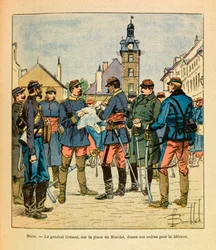 El Ejército del Este de Eugene Sergeant, conocido como Grenest, ilustrado por Louis Bombled (1862-1927): Batalla de Nuits Saint Georges; el General Cremer en la Plaza de la Marcha da sus órdenes para la defensa, diciembre de 1870, Colección Privada