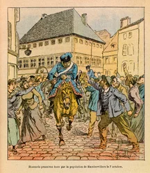 El Ejército del Este de Eugene Sergeant, conocido como Grenest, ilustrado por Louis Bombled (1862-1927): Vanguardia prusiana abucheada por la población de Rambervillers el 7 de octubre