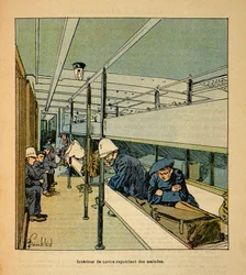 La Guerra en Madagascar-Historia Anecdótica de las Expediciones Francesas de 1885-1895 por Henri Galli dit Galllichet (1854-1922), ilustrado por Louis Bombled (1862-1927): Interior de un barco hospital repatriando soldados enfermos, Colección Privada