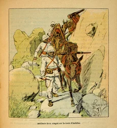 La Guerra en Madagascar-Historia Anecdótica de las Expediciones Francesas de 1885-1895 por Henri Galli dit Galllichet (1854-1922), ilustrado por Louis Bombled (1862-1927): Artillería de Montaña en el Camino de Andriba a Madagascar en 1895, Colección Privad