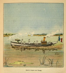 La Guerra en Madagascar-Historia Anecdótica de las Expediciones Francesas de 1885-1895 por Henri Galli dit Galllichet (1854-1922), ilustrado por Louis Bombled (1862-1927): Cañonera Francesa en el Río Ikopa en Madagascar en 1895, Colección Privada