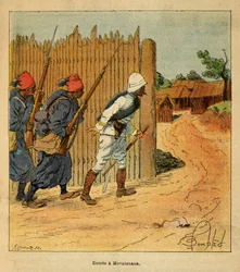 La Guerra en Madagascar-Historia Anecdótica de las Expediciones Francesas de 1885-1895 por Henri Galli dit Galllichet (1854-1922), ilustrado por Louis Bombled (1862-1927): Tropas francesas entraron en el pueblo de Mevatanana en 1895, Colección Privada