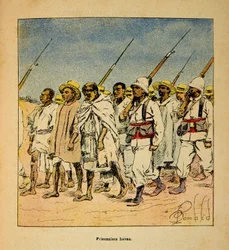La Guerra en Madagascar-Historia Anecdótica de las Expediciones Francesas de 1885-1895 por Henri Galli dit Galllichet (1854-1922), ilustrado por Louis Bombled (1862-1927): Prisioneros Hovas en 1895, Colección Privada