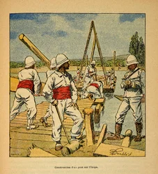 La Guerra en Madagascar-Historia anecdótica de las expediciones francesas de 1885-1895 por Henri Galli, ilustrada por Louis Bombled (1862-1927): Construcción de un puente por el genio en el río Ikopa en 1895, Colección Privada
