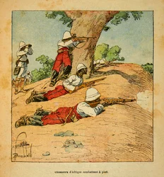 La Guerra en Madagascar-Historia anecdótica de las expediciones francesas de 1885-1895 por Henri Galli, ilustrada por Louis Bombled (1862-1927): Cazadores de África luchando a pie en Madagascar en 1895, Colección Privada