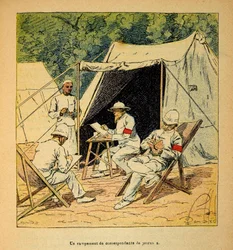 La Guerra en Madagascar - Historia anecdótica de las expediciones francesas de 1885-1895 por Henri Galli, ilustrado por Louis Bombled: Un campamento de corresponsales de prensa en Madagascar en 1895