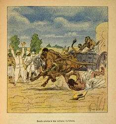 La Guerra en Madagascar - Historia anecdótica de las expediciones francesas de 1885-1895 por Henri Galli, ilustrado por Louis Bombled: Bueyes alcanzados por carros Lefebvre