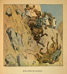La guerra en Madagascar-Historia anecdótica de las expediciones francesas de 1885-1895 por Henri Galli, ilustrado por Louis Bombled (1862-1927): Mulas de un convoy militar cayendo en un precipicio, colección particular