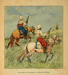 La guerra en Madagascar-Historia anecdótica de las expediciones francesas de 1885-1895 por Henri Galli, ilustrado por Louis Bombled (1862-1927): Reconocimiento de gendarmes y cazadores de África en Madagascar en 1895, colección privada