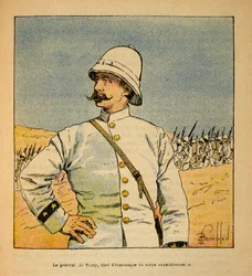La guerra en Madagascar-Historia anecdótica de las expediciones francesas de 1885-1895 por Henri Galli, ilustrado por Louis Bombled (1862-1927): Retrato del general De Torcy (1844-1918), jefe de Estado Mayor de la Fuerza Expedicionaria en Madagascar