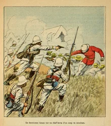 La Guerra en Madagascar-Historia Anecdótica de las Expediciones Francesas de 1885-1895: El teniente Grss mata a un jefe Hova durante las batallas de Tsarasaotra en 1895