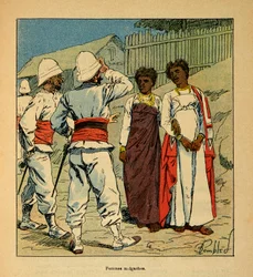 La guerra en Madagascar-Historia anecdótica de las expediciones francesas de 1885-1895 por Henri Galli, ilustrada por Louis Bombled: Soldados franceses simpatizando con mujeres malgaches