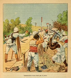 La guerra en Madagascar: Construcción de una carretera en Madagascar por el Genio en 1895