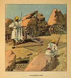 La Guerra en Madagascar-Historia Anecdótica de las Expediciones Francesas de 1885-1895 por Henri Galli, ilustrado por Louis Bombled: Retiro de las tropas Hovas en 1895 en Tananarive, Colección Privada