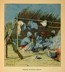 La Guerra en Madagascar-Historia Anecdótica de las Expediciones Francesas de 1885-1895 por Henri Galli, ilustrado por Louis Bombled: Campamento de argelinos en Madagascar en 1895, Colección Privada