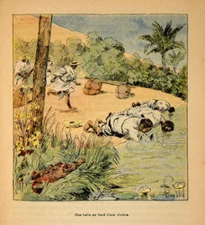 La Guerra en Madagascar-Historia Anecdótica de las Expediciones Francesas de 1885-1895 por Henri Galli, ilustrado por Louis Bombled: Una parada junto al río en 1895, Colección Privada