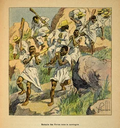 La Guerra en Madagascar-Historia Anecdótica de las Expediciones Francesas de 1885-1895 por Henri Galli, ilustrado por Louis Bombled: Retiro de las tropas Hovas en las montañas, Colección Privada