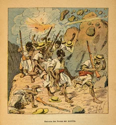 La guerra en Madagascar-Historia anecdótica de las expediciones francesas de 1885-1895 por Henri Galli, ilustrado por Louis Bombled: Retirada de los Hovas en Andriba, Colección privada