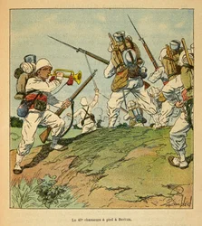 La guerra en Madagascar-Historia anecdótica de las expediciones francesas de 1885-1895 por Henri Galli, ilustrado por Louis Bombled: Los 40 cazadores a pie durante la lucha en Beritza en 1895, Colección privada
