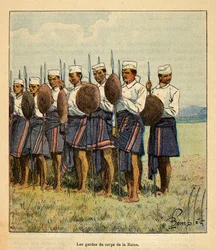 La guerra en Madagascar-Historia anecdótica de las expediciones francesas de 1885-1895 por Henri Galli, ilustrado por Louis Bombled: Guardias de la reina Ranavalona, Colección privada