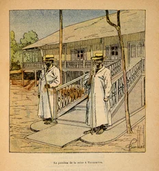 La Guerra en Madagascar-Historia Anecdótica de las Expediciones Francesas de 1885-1895 por Henri Galli dit Galllichet (1854-1922), ilustrado por Louis Bombled (1862-1927): El Pabellón de la Reina Ranavalona en Tananarive en 1895, Colección Privada