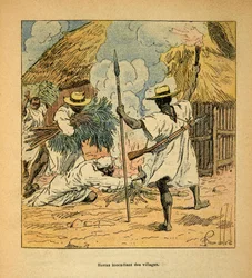 La Guerra en Madagascar-Historia Anecdótica de las Expediciones Francesas de 1885-1895 por Henri Galli dit Galllichet (1854-1922), ilustrado por Louis Bombled (1862-1927): Hovas quemando aldeas, Colección Privada