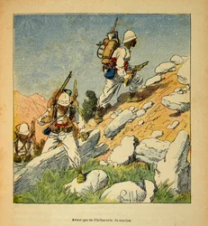 La Guerra en Madagascar-Historia Anecdótica de las Expediciones Francesas de 1885-1895 por Henri Galli dit Galllichet (1854-1922), ilustrado por Louis Bombled (1862-1927): Vanguardia de infantería en Madagascar en 1895, Colección Privada