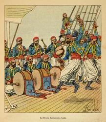 La Guerra en Madagascar-Historia Anecdótica de las Expediciones Francesas de 1885-1895 por Henri Galli dit Galllichet (1854-1922), ilustrado por Louis Bombled (1862-1927): La nouba de los turcos a bordo del barco navegando hacia Madagascar, Colección Priva