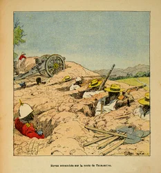 La guerra en Madagascar-Historia anecdótica de las expediciones francesas de 1885-1895 por Henri Galli, ilustrado por Louis Bombled: Trincheras de las tropas Hovas en el camino a Tannarive en 1895, Colección privada