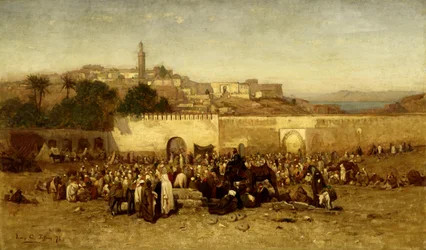 Día de mercado fuera de las murallas de Tánger, Marruecos, 1873