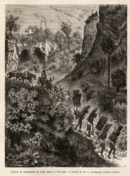 Un convoy de comerciantes y sus porteadores en ruta a Yunnan (China), grabado según el dibujo de L.Delaporte, para ilustrar el viaje de exploración en Indochina por Francis Garnier, teniente de navío, en 1866-1868, publicado en "Le tour du monde" 1874, edi