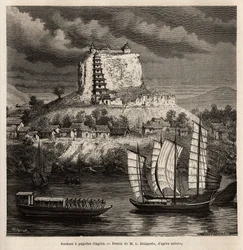 Una roca con pagodas y varios barcos en el río azul (China), grabado según el dibujo de L. Delaporte, para ilustrar el viaje de exploración en Indochina por Francis Garnier, teniente de barco, en 1866-1868, publicado en "Le tour du monde"