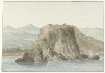 Roca y ciudad de Scilla en la región de Calabria vistas desde el mar en el lado norte
Rocher & Ville de Scilla en Calabre; vue prise en mer, du côté du Nord (título en el objeto)
Voyage en Italie, en Sicile et à Malte - 1778 (título de la serie)