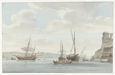 El jardín del Gran Maestre se encuentra en el puerto con vistas al mar en Malta.
Pabellón del Jardín del Gran Maestre, frente al puerto de las Galeras en Malta (título en el objeto)
Voyage en Italie, en Sicile et à Malte - 1778 (título de la serie)