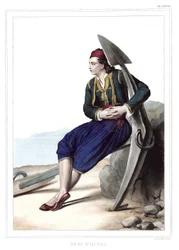 Griego de Hidra en "Viaje a Atenas y Constantinopla, o colección de retratos griegos y otomanos, vistas y trajes, pintados en lugares de la naturaleza, litografías y colores por Louis Dupre (1789-1837), alumno de David. 1825"