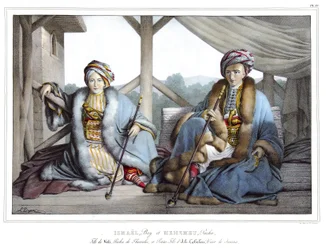 Ismael, Bey y Mehemet Pasha, hijo de Veli, pasha de Tesalia y nieto de Ali Tebelen (1741-1822), visir de Janina en "Viaje a Atenas y Constantinopla, o colección de retratos griegos y otomanos, vistas y trajes, pintados en lugares de la naturaleza, litograf
