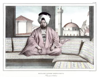 Mouhamet Ruscien Effendi Dervis, vaivoda de Atenas. en “Viaje a Atenas y Constantinopla, o colección de retratos, vistas y trajes griegos y otomanos, pintados en lugares por la naturaleza, litografiados y coloreados por Louis Dupre (1789-1837), alumno de D