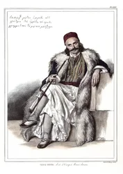 Vasili Gouda, ayudante de campo de Marc Botzaris (1788-1823). en “Viaje a Atenas y Constantinopla, o colección de retratos griegos y otomanos, vistas y trajes, pintados en lugares después de la naturaleza, litografiados y coloreados por Louis Dupre (1789-1