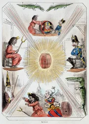 Le tonneau - Litografía, de Theatre des marionnettes du jardin des Tuileries, texto y dibujo de Louis Edmond Duranty (1833-1880), París