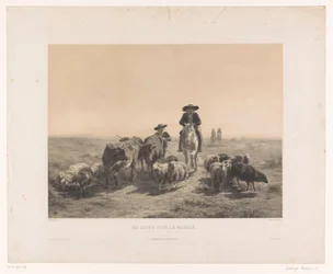 Granjero y pastor con vacas y ovejas camino al mercado. En route pour le marché (título sobre el objeto)