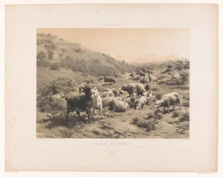 Pastora con cabras y ovejas en los Pirineos Bruyeres des Pyrenees (título sobre objeto) Pastos (título de la serie) Les paturages (título de la serie sobre el objeto)