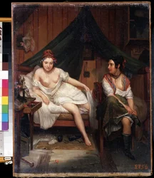 "Retrato de dos jóvenes en bata, despertando tras una noche de amor (...)" (dos chicas) Pintura de Louis Eugene Bertier (1809-?) Siglo XIX Museo de Arte Mikhail Kroshitsky, Sebastopol (Ucrania)
