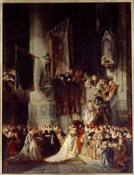 Una ceremonia en la iglesia de Delft. Pintura que representa una boda en Holanda en el siglo XVI