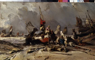 ""After the storm"" (Después de la tormenta) Un pescador encuentra a su familia después de la tormenta. Pintura de Louis Gabriel Eugene Isabey (1803-1886) 1869 Dim. 36,5x60 cm Museo del Hermitage, San Petersburgo
