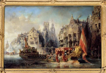 Llegada del Duque de Alba a Rotterdam en 1567. Los barcos de Fernando Álvarez de Toledo, Duque de Alba, Gobernador de Flandes (1508-1582) en la ciudad. Pintura de Eugene Isabey (1803-1886)