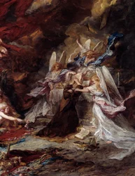La tentación de San Antonio. El ermitaño San Antonio el Grande (251-356) (o San Antonio el Ermitaño o San Antonio el Abad) es sometido a las tentaciones del Diablo en el desierto. Detalle que representa al santo