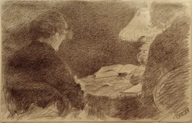 Mary y Emma Eysen bajo una lámpara de mesa